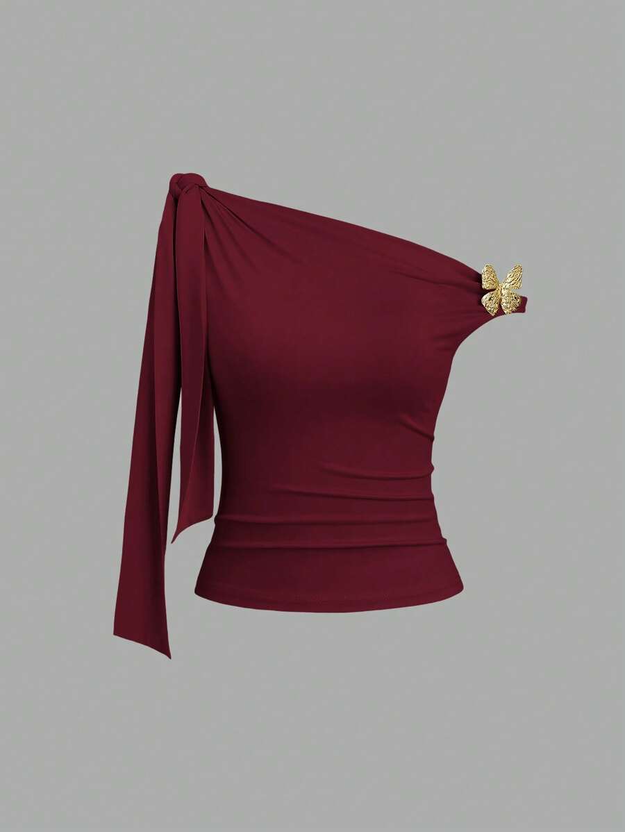 Sweetra Women's Asymmetrical Neck Bowknot Knot Blouse - Redwood - View 1