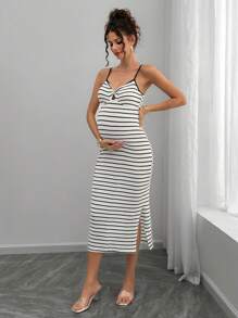 Momance Fashionable Sleeveless Knitted Striped Maternity Dress, Spring/Summer