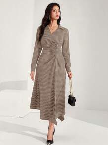 Heiryn Váy suông sọc đen không đối xứng đi làm thường ngày dành cho nữ - Màu Khaki - Xem 7