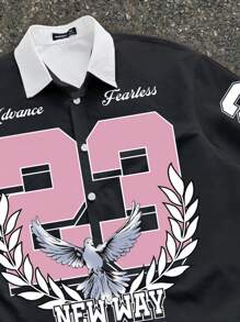 Manfinity ZONE917 Áo thun in họa tiết đại bàng 23 phong cách đường phố rộng rãi, màu tương phản - màu đen - Xem 2