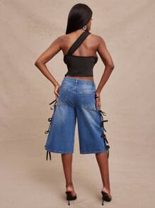 NYA SZN Weite Jeans-Shorts, Jorts, Baggy, Oversized, Denimhose ohne Stretch, Hose mit Schleife, Arbeitskleidung, Lässig, Klassisch, Dezent, Alltag, Ausgehen, Urlaub, Sommer für Frauen