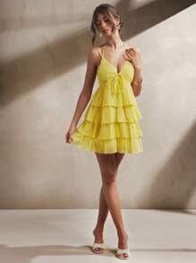 L'Amorae Women's Elegant Double Strap Sleeveless Tie Front Tiered Ruffle Flowy Yellow Mini Dress, Summer Outfits For Women, Beach Outfits For Women, 4th Of July Outfits - Yellow - View 3