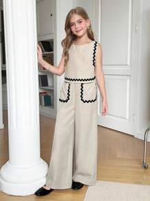 SHEIN 青少年女孩优雅撞色丝带装饰圆领无袖上衣和阔腿裤两件套 - 卡其色 - 查看 3