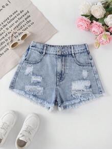 Jeans estilo Y2K para niñas preadolescentes - Desgastado vintage lavado claro, roto y deshilachado, ajuste relajado, tela suave y cómoda, versátil y a la moda, denim para niñas