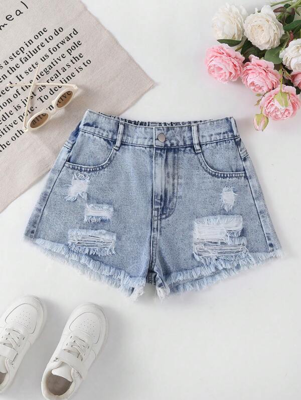 Jeans estilo Y2K para niñas preadolescentes - Desgastado vintage lavado claro, roto y deshilachado, ajuste relajado, tela suave y cómoda, versátil y a la moda, denim para niñas