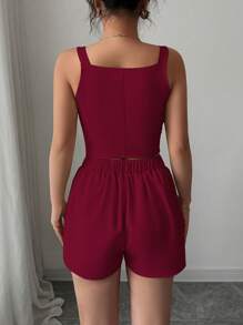 Chiquease Conjunto de 2 piezas para mujer compuesto por blusa top con abertura y botones delanteros en color liso estilo minimalista y casual + pantalones cortos