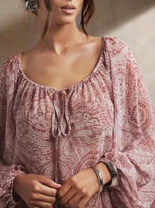 L'Amorae Women's Paisley Printed Chiffon Raglan Sleeve Peasant Blouse, Casual, Summer, Easy To Wear, Elegant