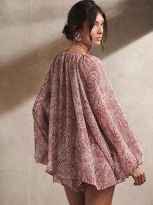 L'Amorae Women's Paisley Printed Chiffon Raglan Sleeve Peasant Blouse, Casual, Summer, Easy To Wear, Elegant