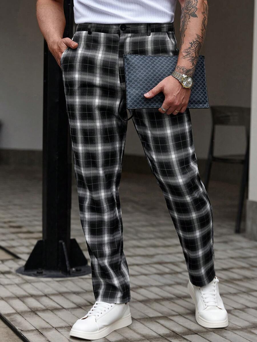 Manfinity CasualCool Men Plaid Straight Loose Casual Pants With Pockets, Versatile,Men Checkered Pencil, Form-Fitting Trousers, Versatile Items, Daily Commuting, Vacation, Travel, Boyfriend, Husband, Friend Gifts, Streetwear, Travel, Daily Wear, Fall - Black and White - View 1