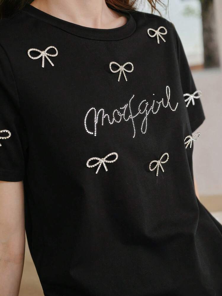 MOTF STUDIO RHINESTONE LETTER AND BOW PATTERN SHORT SLEEVE BLACK TEE