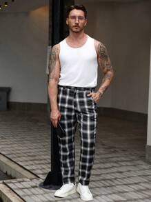 Manfinity CasualCool Men Plaid Straight Loose Casual Pants With Pockets, Versatile,Men Checkered Pencil, Form-Fitting Trousers, Versatile Items, Daily Commuting, Vacation, Travel, Boyfriend, Husband, Friend Gifts, Streetwear, Travel, Daily Wear, Fall - Black and White - View 4
