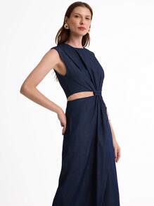 Daynim 女士无袖镂空直筒牛仔连衣裙 - 深色水洗藍 - 查看 5