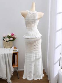 SHEIN Clasi 2 pezzi: Top a maglia con scollo ad aletta donna monocolore con volant sul fondo e gonna a rete color mermaid