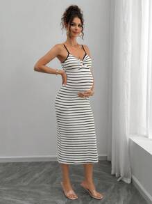 Momance Fashionable Sleeveless Knitted Striped Maternity Dress, Spring/Summer