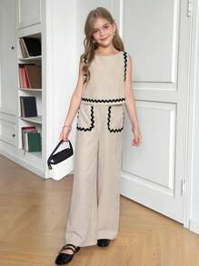 SHEIN 青少年女孩优雅撞色丝带装饰圆领无袖上衣和阔腿裤两件套 - 卡其色 - 查看 4