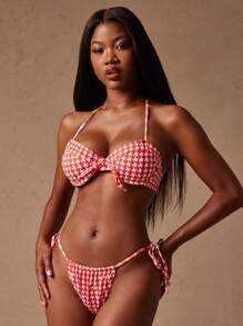 NYA SZN Women's Red And White Polka Dot Three Pieces Gingham Push Up String Bikini Short Cheeky Set,Summer Casual Pool Party Vacation Holiday Swimwear - Red - View 5