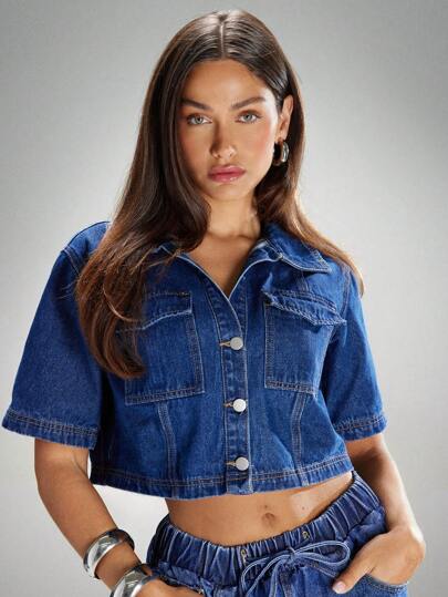 Denimoi Top corto de mezclilla casual con bolsillo con solapa y botones delanteros