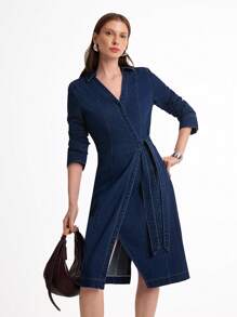 Daynim Women Casual Long Sleeve Asymmetrical Denim Dress - Dark Wash - View 5