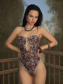EgrlEra Đồ bơi liền thân hở lưng họa tiết da báo cắt khoét chữ O phía trước tương phản, phong cách nghỉ dưỡng bãi biển gợi cảm dành cho nữ - Nhiều màu - Xem 1