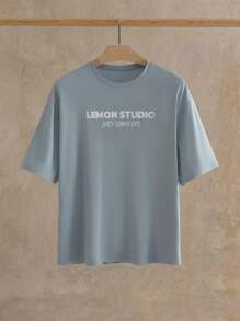 GENTILAND Men's Casual Lemon Print Loose Drop Shoulder Round Neck Short Sleeve T-Shirt - Blue - View 2