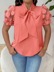 Elenzga Plus Size Women Elegant Casual Sleeve Contrast Mesh Blouse - Orange - View 3