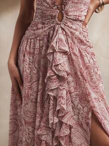 L'Amorae Elegantes, sexy Damen-Maxikleid im Boho-Stil mit ärmellos, tiefem Ausschnitt, Rüschendetails und Paisley-Muster aus Chiffon, seitlichem Schlitz, Sommeroutfit für Damen, Strandoutfit für Damen, 4. Juli Outfits