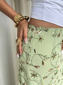 Sunnyshic 女士休闲夏日度假刺绣亮片印花开衩下摆低腰半身裙 - 綠色 - 查看 5