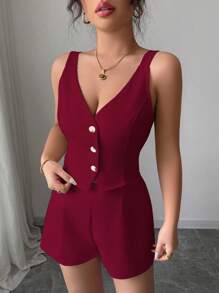 Chiquease Conjunto de 2 piezas para mujer compuesto por blusa top con abertura y botones delanteros en color liso estilo minimalista y casual + pantalones cortos