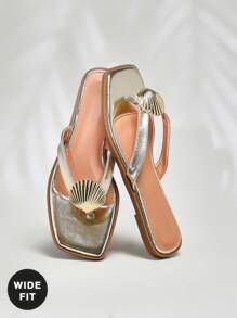 SHUZIA 女式宽版时尚休闲舒适一脚蹬平底凉鞋 - 金色 - 查看 2