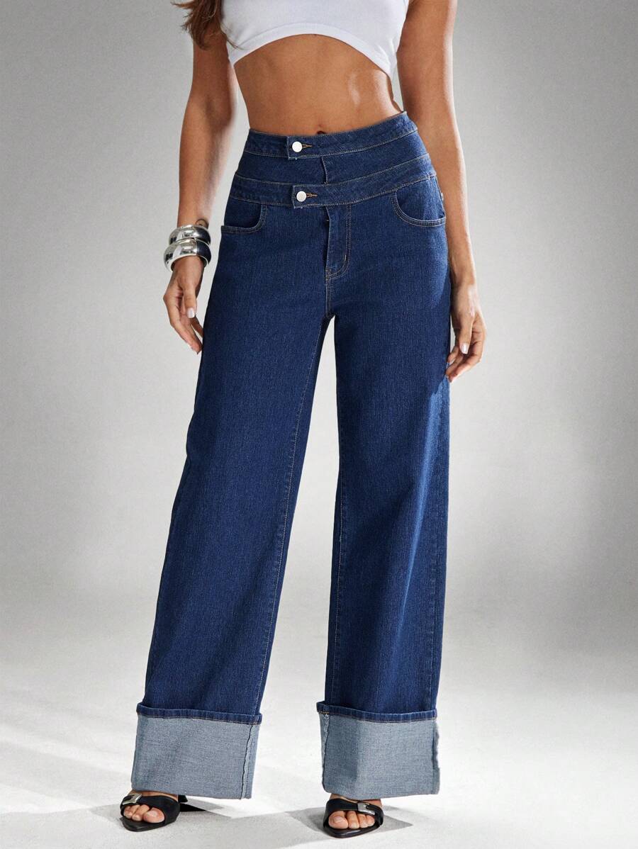 Denimoi High Rise Stacked Waist Cuffed Wide Leg Denim Jeans - Dark Wash - View 1