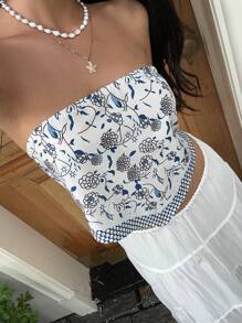 Sunnyshic Women's Summer Vacation Casual Blue & White Porcelain Print Bandeau Tube Top - Multicolor - View 6