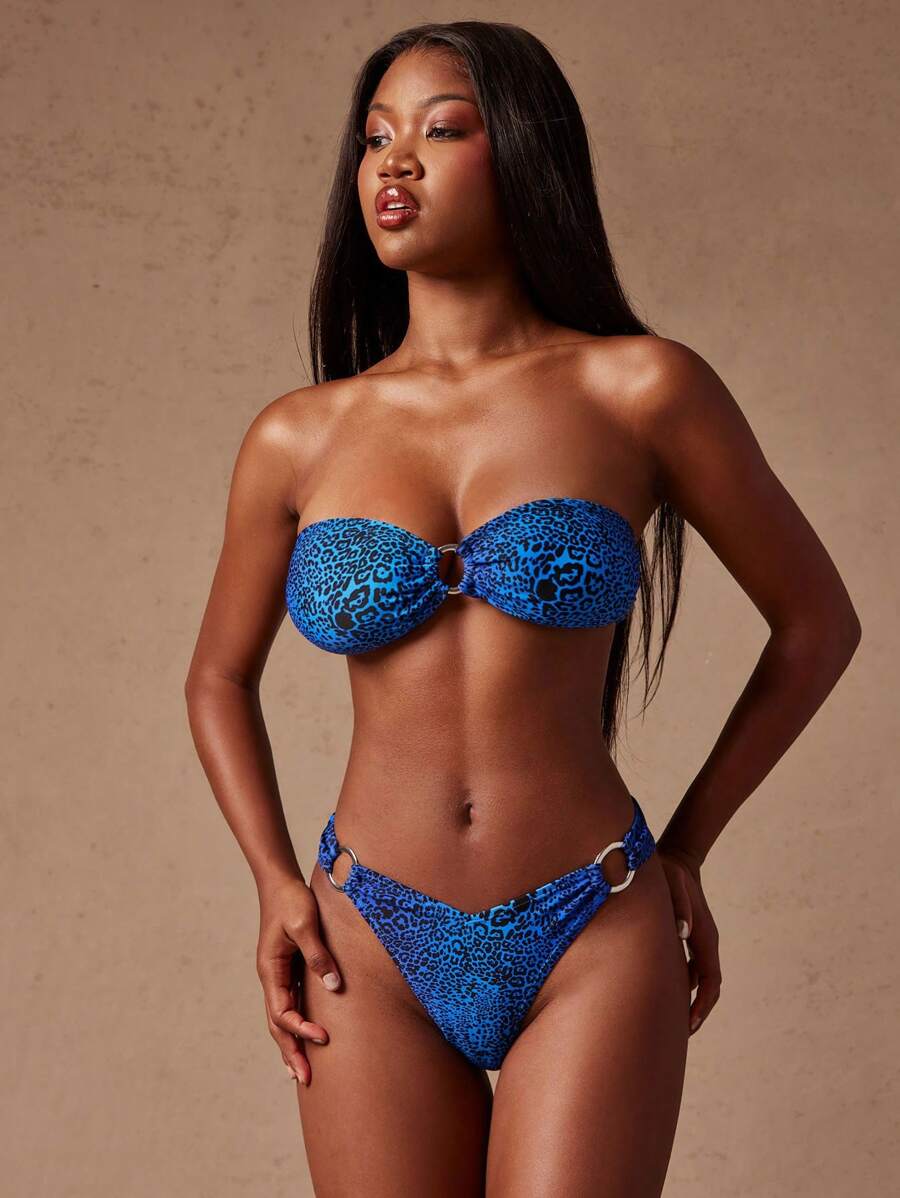 SHEIN Unity Top de bikini bandeau con estampado de leopardo sexy de verano para mujer - Azul - Ver 1