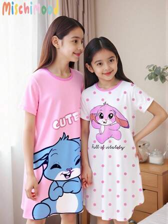 GraphicGems 青少年女孩两件套睡衣套装 - 粉色兔子印花睡袍，舒适优雅的家居服