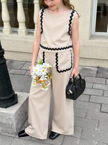 SHEIN 青少年女孩优雅撞色丝带装饰圆领无袖上衣和阔腿裤两件套 - 卡其色 - 查看 8