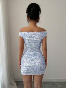 Selianne 夏季新款性感度假露肩花卉荷叶边迷你连衣裙，女士粉色 - 藍色 - 查看 2