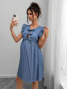 SHEIN 孕妇蝴蝶结装饰盖袖蓝色迷你连衣裙 - 藍色 - View 6