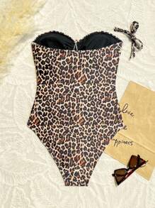 SHEIN 全新性感优雅多色豹纹露背泳衣，带金属海星装饰，夏季 - 彩色 - 查看 6