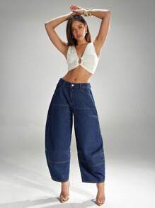 Denimoi 女式休闲水洗喇叭裤宽松牛仔裤 - 深色水洗藍 - 查看 6