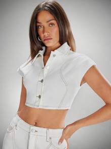 Denimoi 短款领口撞色针脚纽扣前弹力牛仔上衣 - 白色 - 查看 2