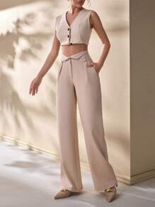 CLARA VERO Tall Black Slit Waist Straight Pants - Krem - View 5
