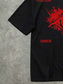 Manfinity ZONE917 Black Oversized Street-Style Red 'Blood Eye' Slogan Print Casual 100% Cotton T-Shirt, Wide Sleeve, Collar And Hem - Black - View 3