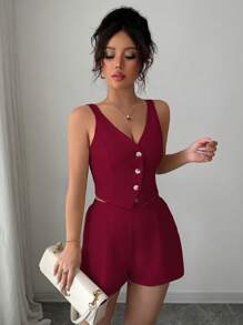 Chiquease Conjunto de 2 piezas para mujer compuesto por blusa top con abertura y botones delanteros en color liso estilo minimalista y casual + pantalones cortos