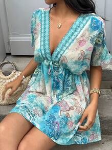 Sunnyshic Women's Summer Casual/Vacation Paisley Print Chiffon Batwing Sleeve Mini Dress, Versatile Daily Wear - Multicolor - View 7