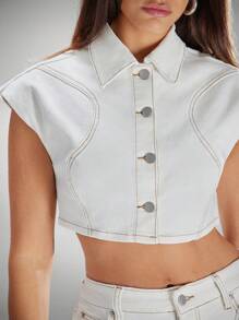 Denimoi 短款领口撞色针脚纽扣前弹力牛仔上衣 - 白色 - 查看 5