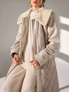 CLARA VERO Apricot Long Fur Collar Medium Long Sleeve Thickened Jacket, Lightweight And Warm, Basic Jacket - Cream - View 6