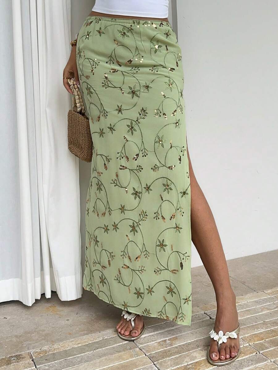 Sunnyshic 女士休闲夏日度假刺绣亮片印花开衩下摆低腰半身裙 - 綠色 - 查看 1