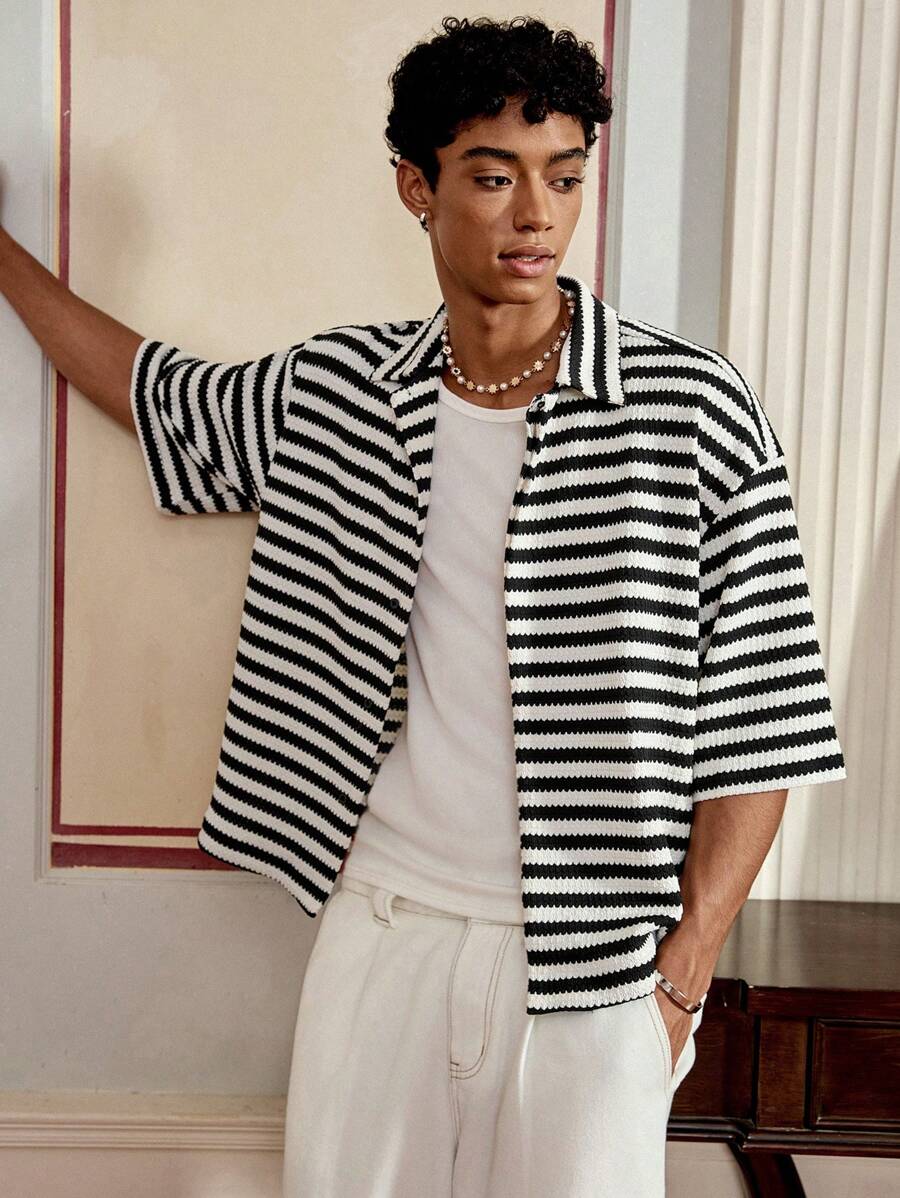 Mainfolk Knit Men's Casual Loose Striped Short Sleeve Button-Up Shirt ...