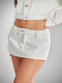 Denimoi 女式纯色夏季休闲低腰纹理牛仔迷你裙 - 白色 - 查看 3