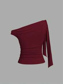 Sweetra Women's Asymmetrical Neck Bowknot Knot Blouse - Redwood - View 2