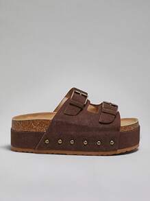 SHUZIA 女式双扣软木鞋床厚底厚底平底凉鞋 - 咖啡棕 - 查看 5